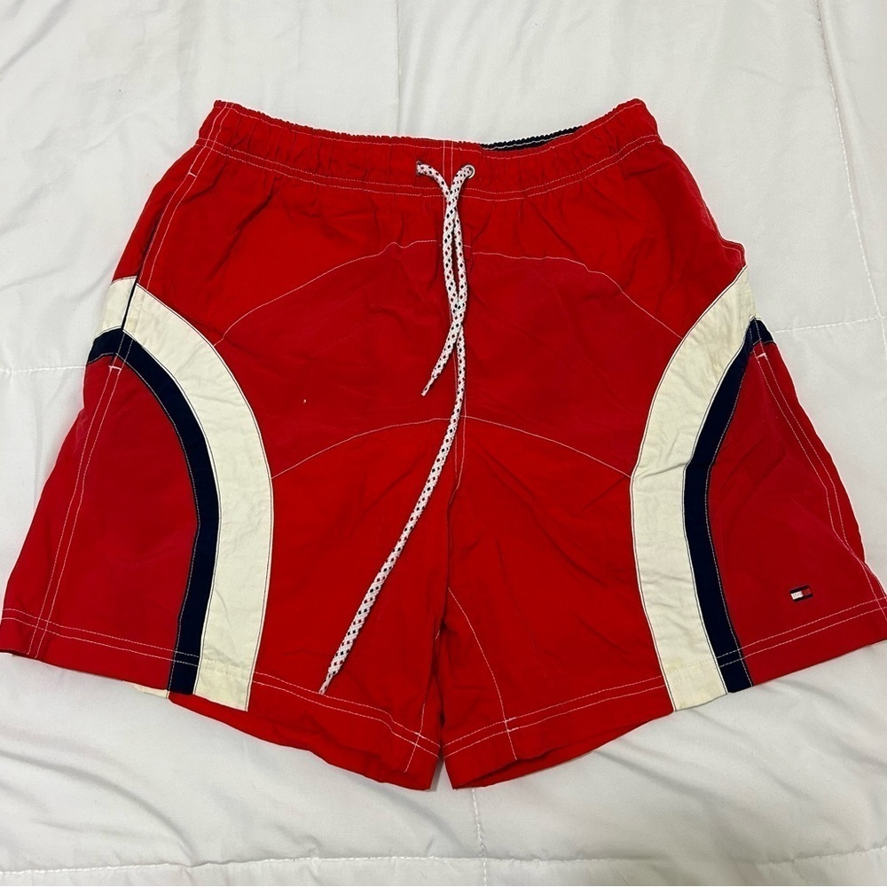 Vintage red Tommy, Hilfiger, swim trunks, shorts, size medium
